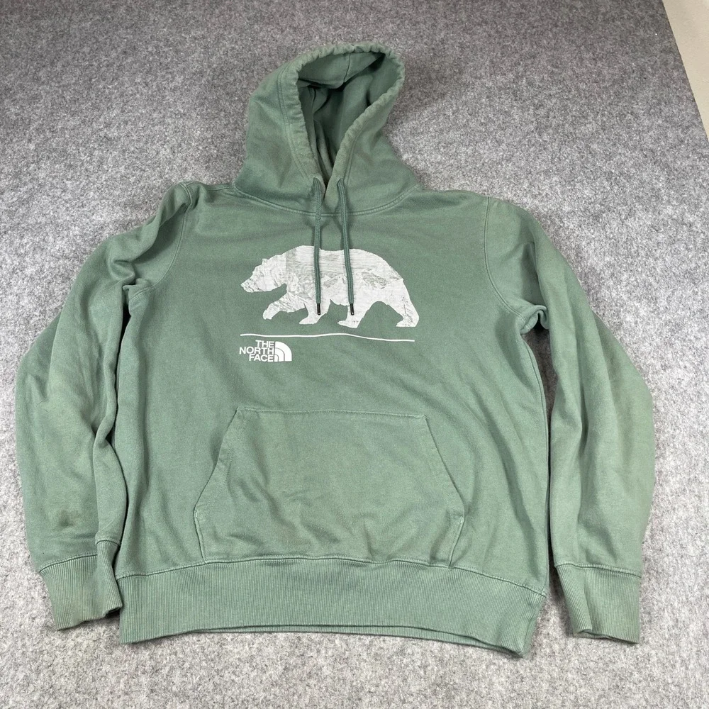The North Face Graphic Pullover Hoodie Mens Lg Green Terry Grizzly Bear Mountain